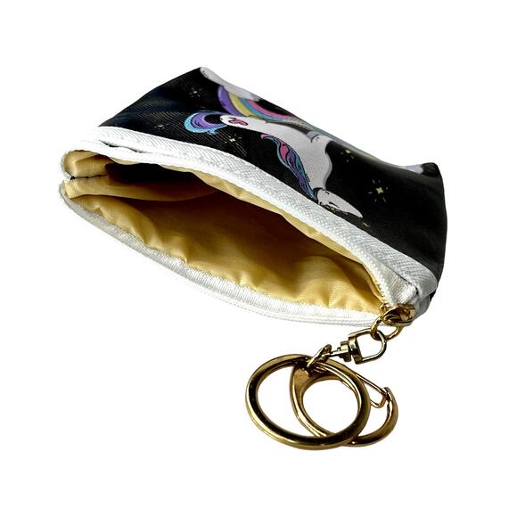 NEW Girls COIN PURSE KEYCHAIN Key Ring Unicorn Rainbow Black Zip Bag Pouch - Picture 3 of 5